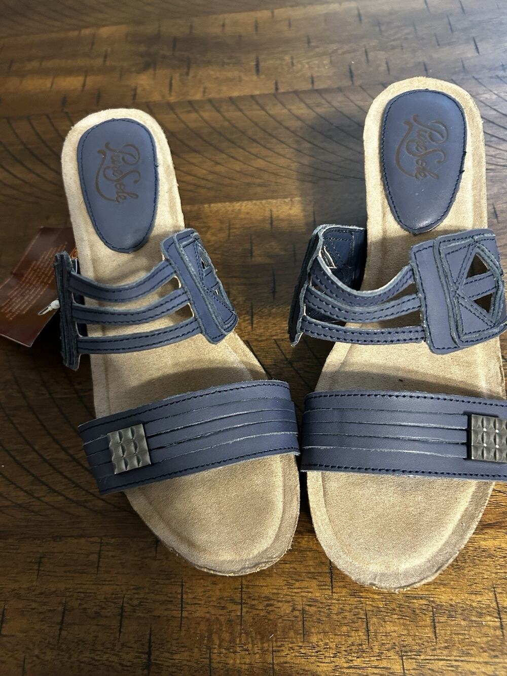PureSole Jamie Leather Memory Foam Comfort T-Strap Slide Sandal Navy Blue 7.5